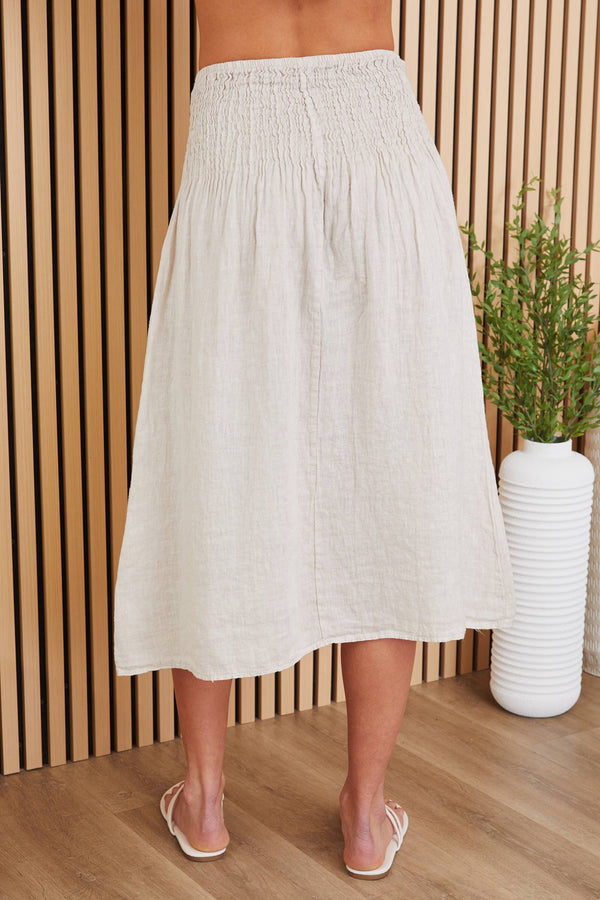 Linen Shirred Waist A-Line Skirt - Beige