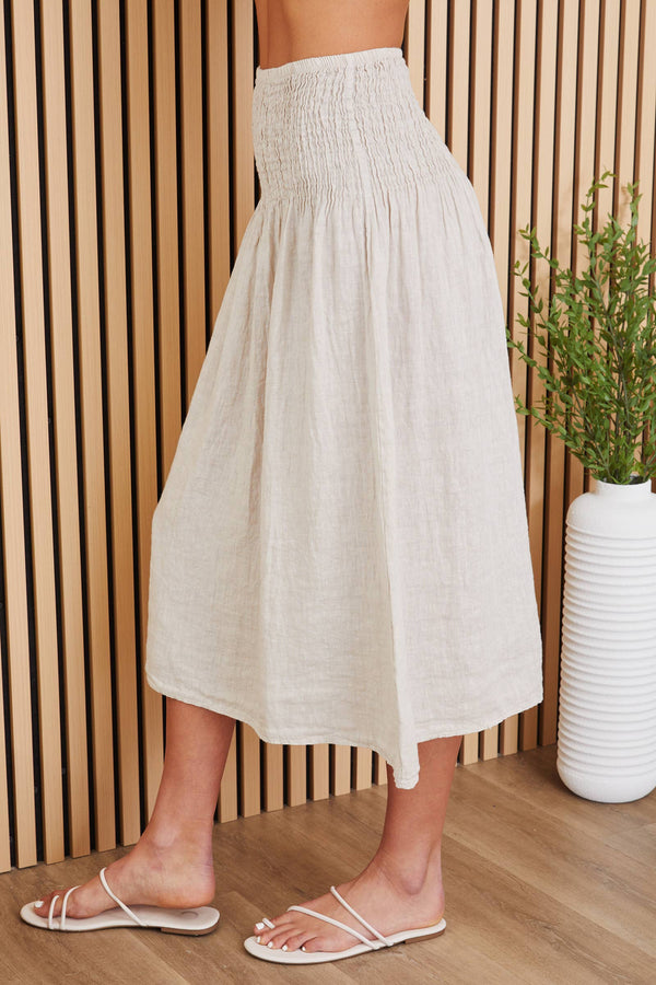 Linen Shirred Waist A-Line Skirt - Beige