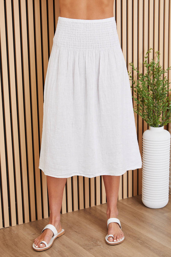 Linen Shirred Waist A-Line Skirt - White